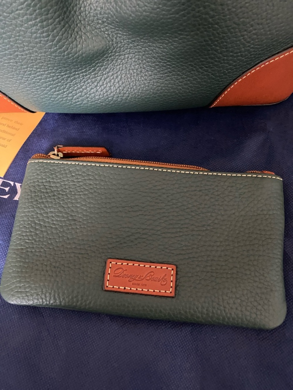 Dooney & Bourke Green Leather Tote with Brown Trim and Matching Pouch - Picture 9 of 13